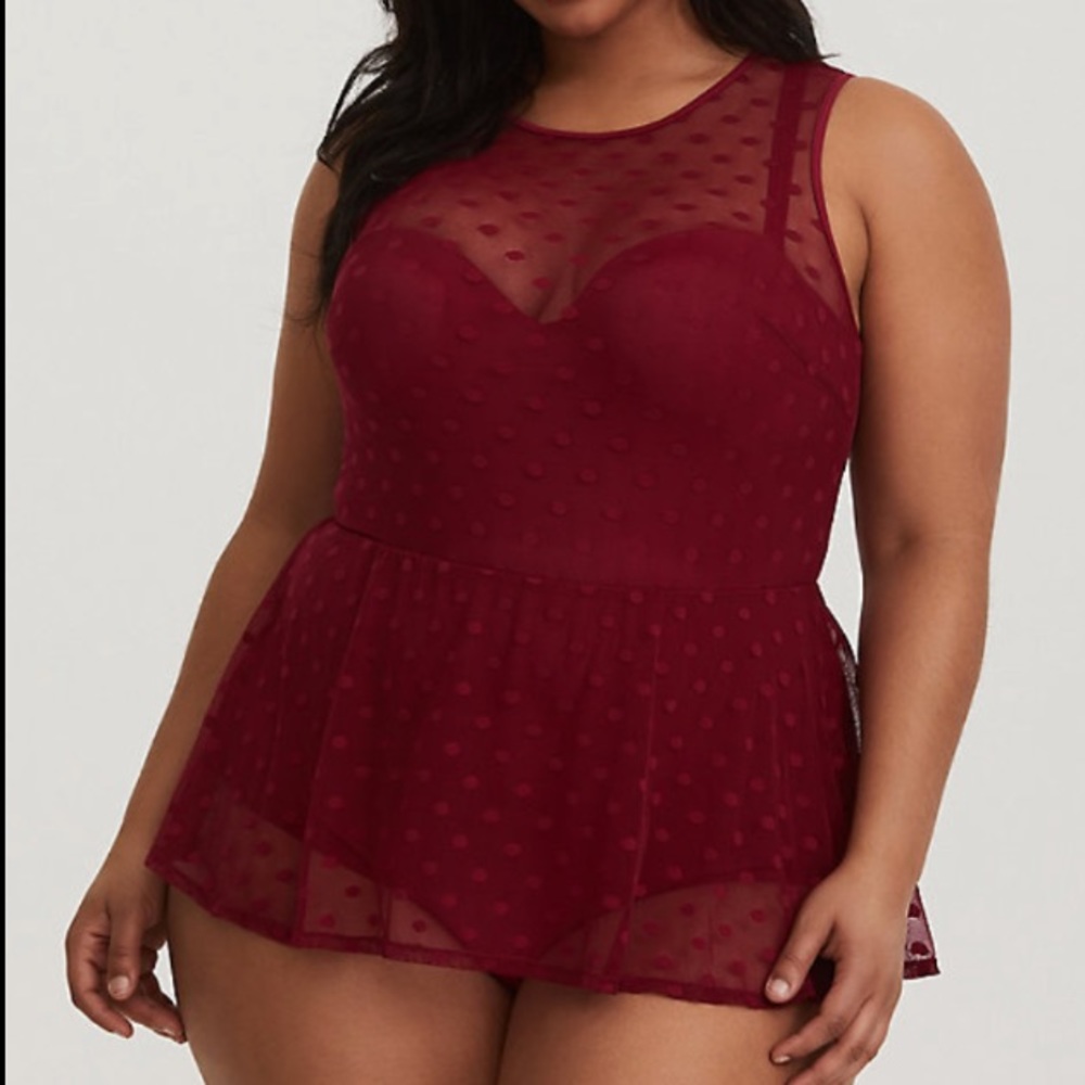 Torrid Red Polka Dot Mesh Peplum One Piece Swim